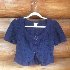Studio Y Blue Eyelet Short Sleeve Y2K Peplum Retro Bolero Cardigan Size Small